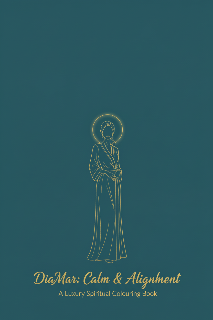 Book cover with a line drawing of a person in a robe on a teal background, featuring the text 'DiaMar: Calm & Alignment'.