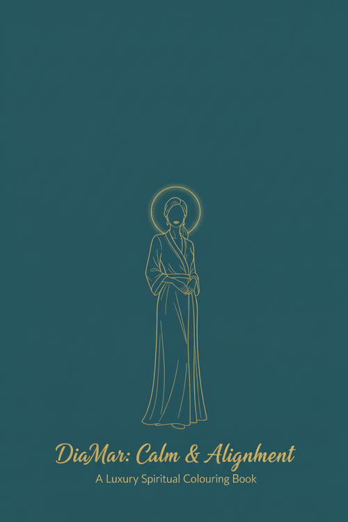 Book cover with a line drawing of a person in a robe on a teal background, featuring the text 'DiaMar: Calm & Alignment'.