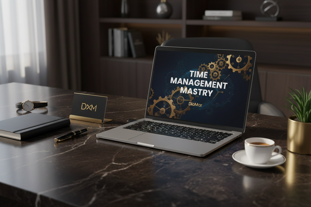 Laptop on a desk with 'Time Management Mastery' on the screen, surrounded by office items.