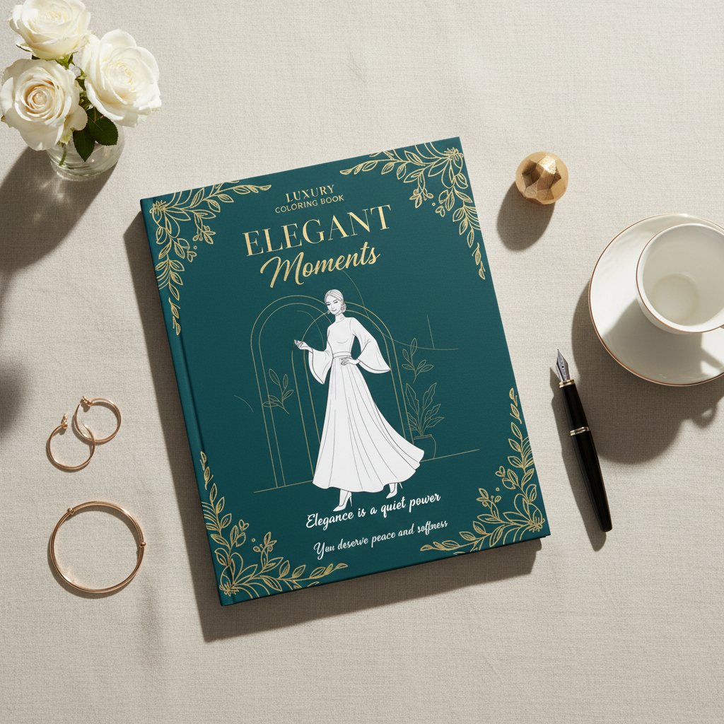 Coloring book titled 'Elegant Moments' on a table with flowers and tea set.