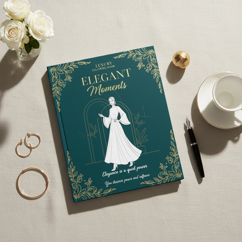 Coloring book titled 'Elegant Moments' on a table with flowers and tea set.