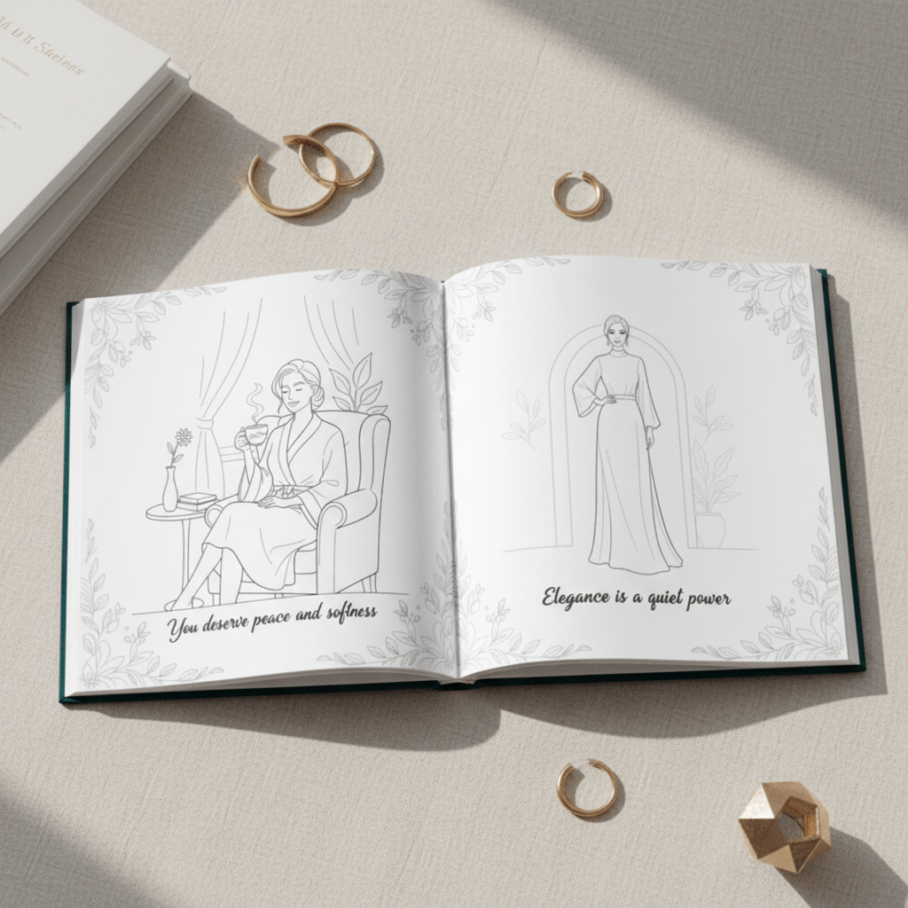 Open book with line drawings of a woman and text on a light surface with gold rings.