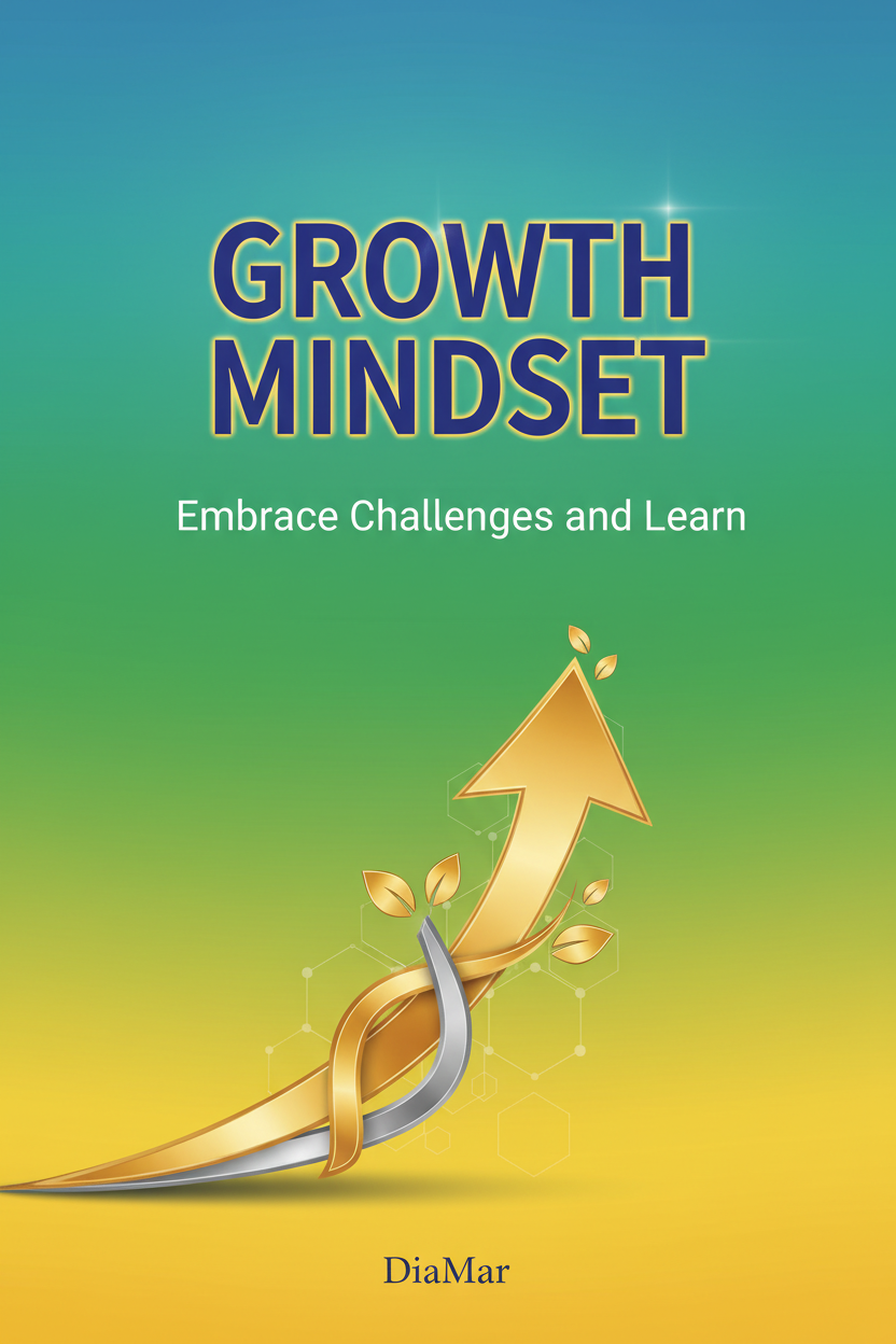 Book cover with 'Growth Mindset' title and motivational message on a gradient background