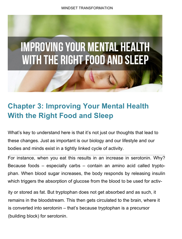 Book or document cover about improving mental health with food and sleep, featuring a person sleeping.