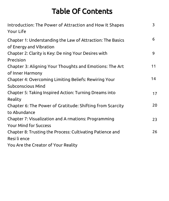 Table of contents for a book on the power of attraction and its shaping of life, with chapter titles and page numbers.