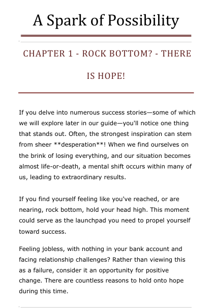 Text document titled 'A Spark of Possibility' with chapter 1 heading 'Rock Bottom? There is Hope!' on a white background.