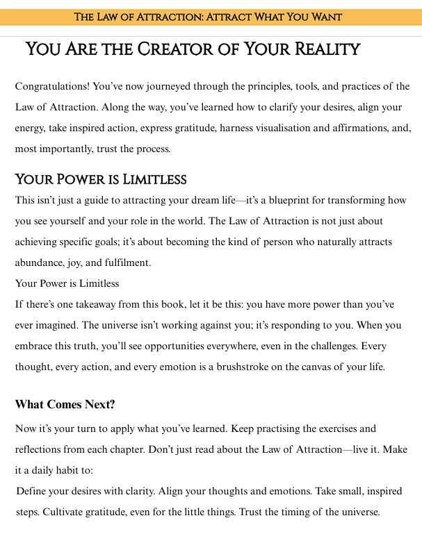 Text page from a book or document about the Law of Attraction with motivational message.