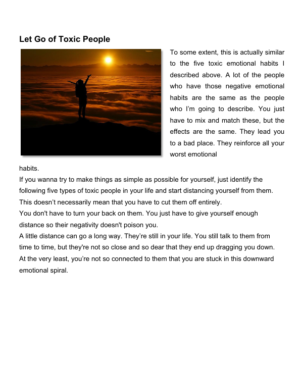 Person standing on a beach at sunset with text about letting go of toxic people.