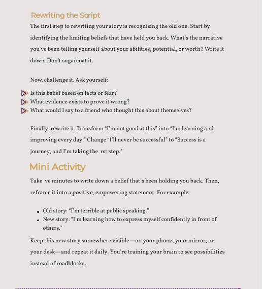 Text-based advice on rewriting personal stories and beliefs with examples and prompts.