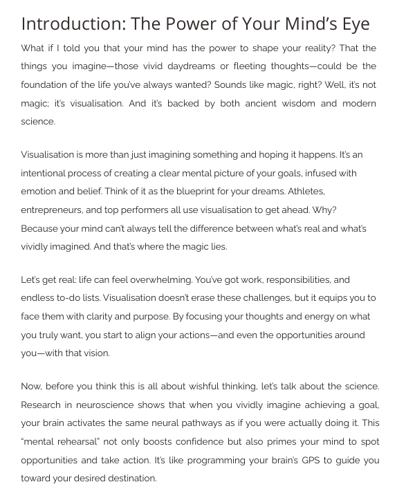 Text document discussing the power of visualization and its role in shaping reality.