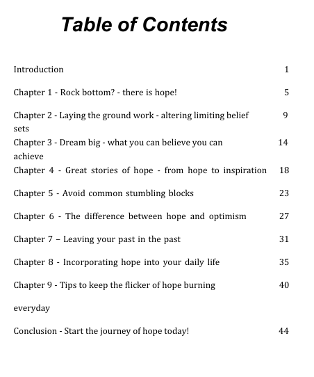 Table of contents for a book or document on hope and optimism.