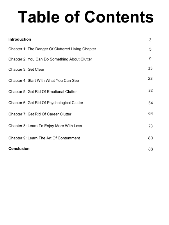 Table of contents for a book or document with chapter titles and page numbers.