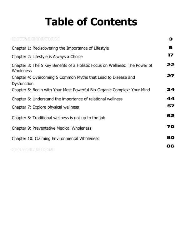 Table of contents for a book or document on wellness topics with chapter titles and page numbers.