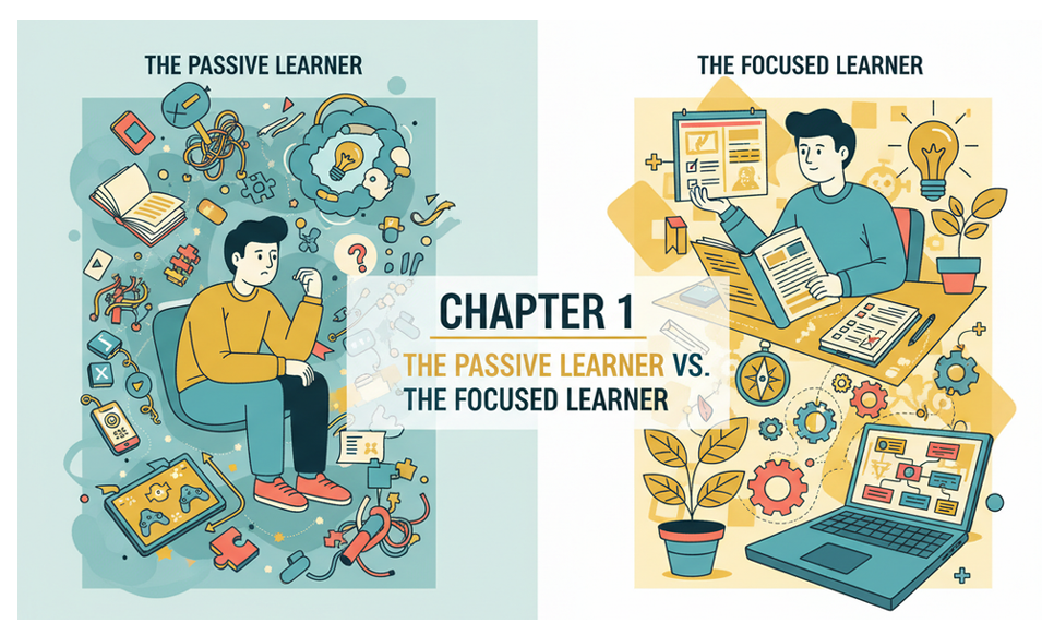 Illustration comparing the passive learner and focused learner with text 'The Passive Learner vs. The Focused Learner'.