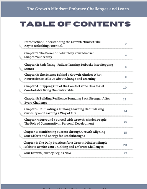 Table of contents for a book on the growth mindset with a blue header and footer.