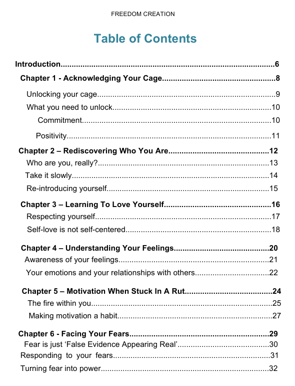 Table of contents for a book or document titled 'Freedom Creation' with chapter headings and page numbers.