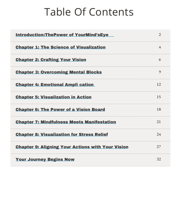 Table of contents for a book or guide on visualization and mindfulness.