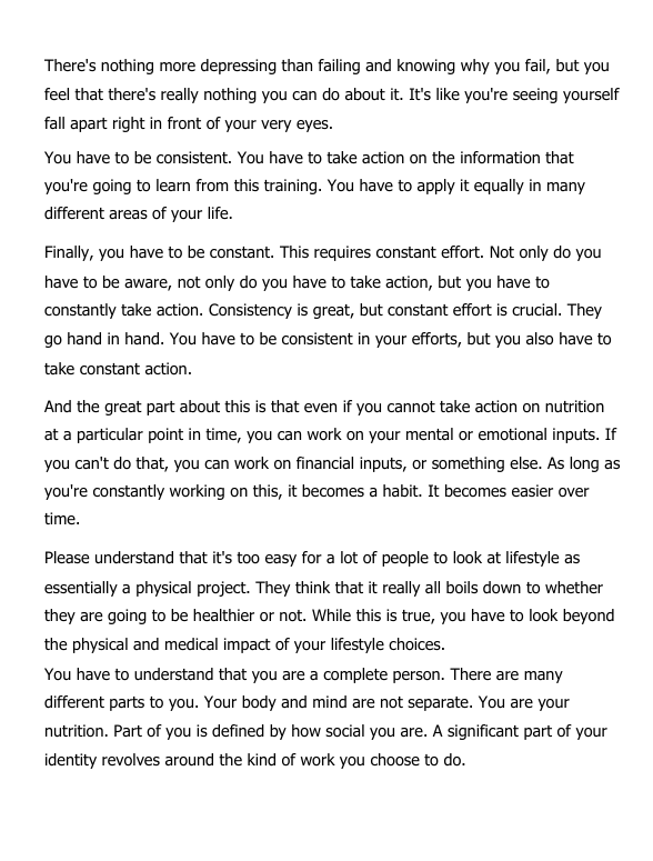 Text on a white background discussing consistency, action, and lifestyle choices.