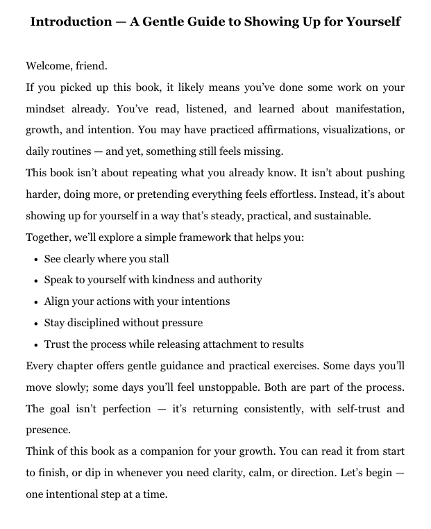 Introduction page of a book on showing up for oneself with guiding text.