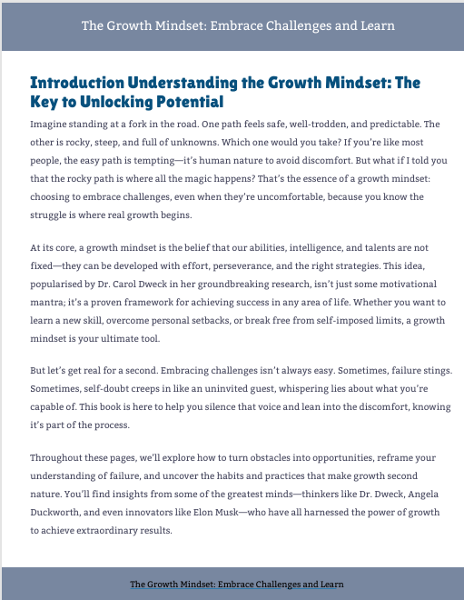 Text document about the growth mindset with a blue header and footer.