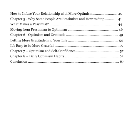 Table of contents for a book on optimism and pessimism with chapter titles and page numbers.