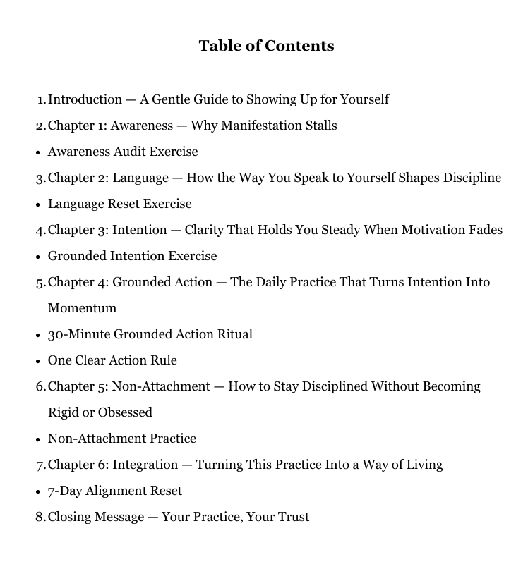 Table of contents for a self-help book on personal development.