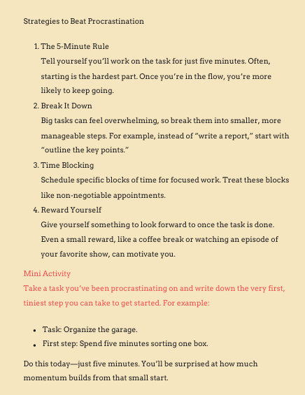 Strategies to beat procrastination on a beige background