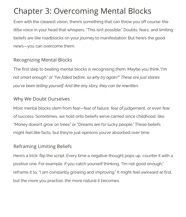 Text on overcoming mental blocks with a white background