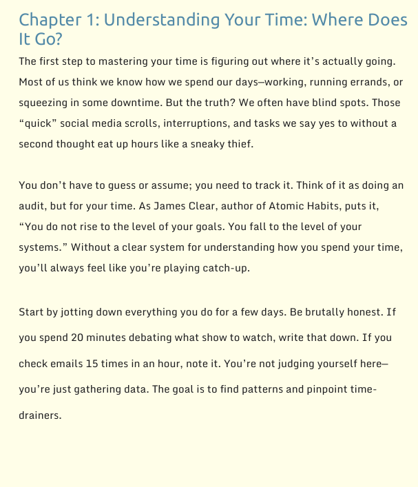 Text from a book or article on time management, discussing how to understand and track time spent.