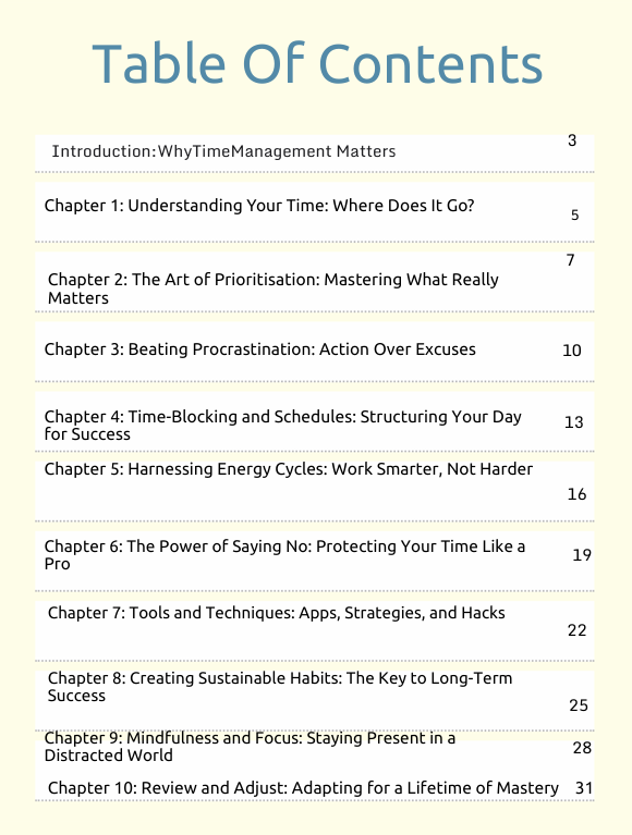 Table of contents for a book on time management with chapter titles and page numbers.