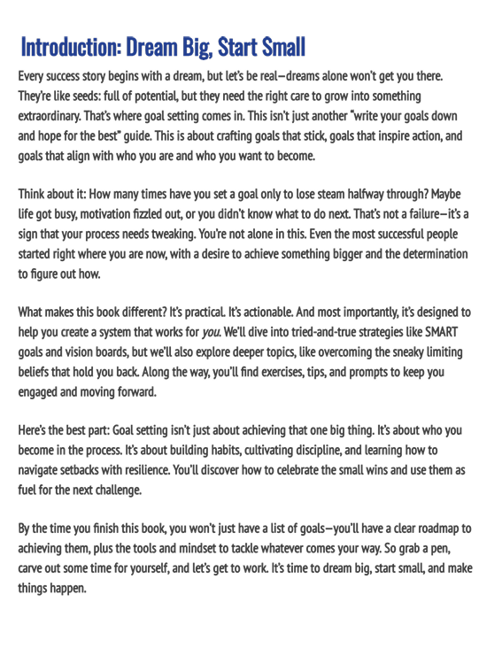 Text-based introduction to a book on goal setting with motivational language.
