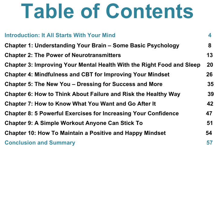 Table of contents for a book or document on mental health and psychology.