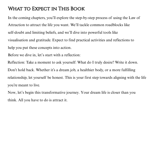 Text describing the content of a book on using the Law of Attraction.