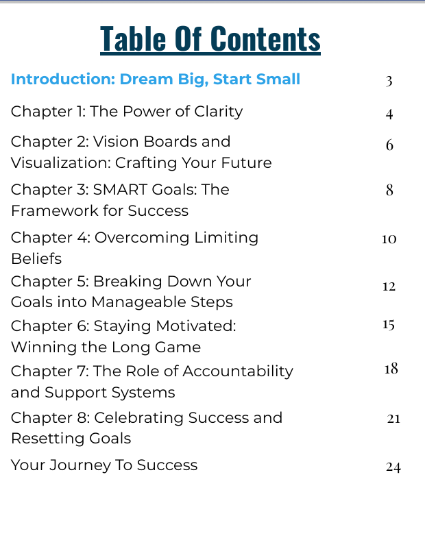 Table of contents for a book or guide on success and goal setting.