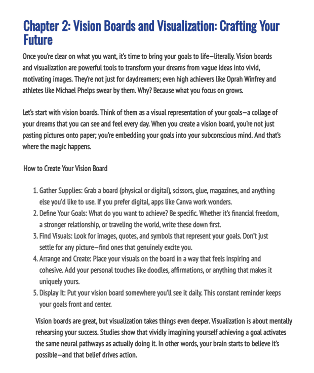 Text document on vision boards and visualization with a blue header.
