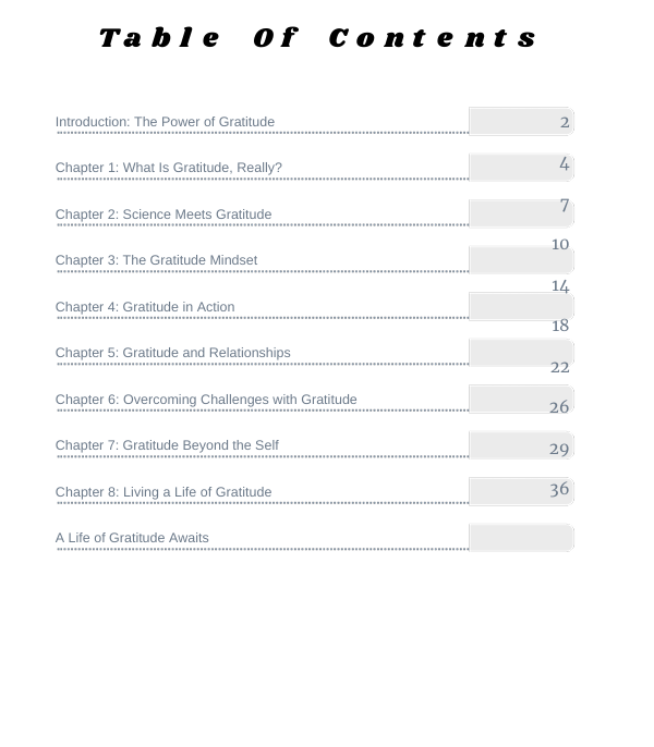 Table of contents for a book on gratitude with chapter titles and page numbers.