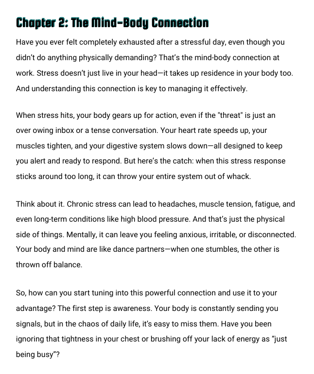 Text on a white background discussing the mind-body connection and stress effects.