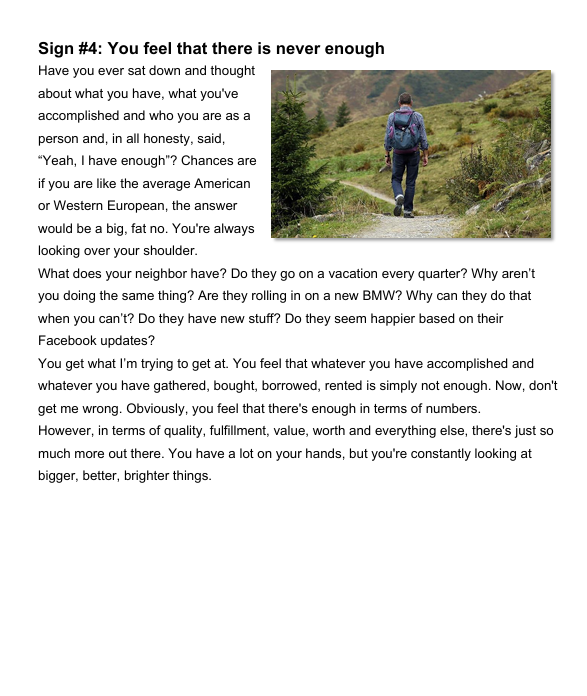 Person walking on a trail with text discussing feelings of never having enough.