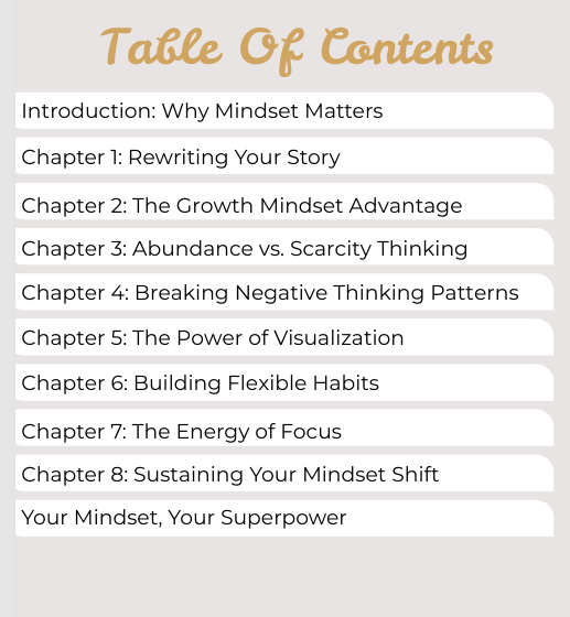 Table of contents for a book or resource on mindset with a light gray background.