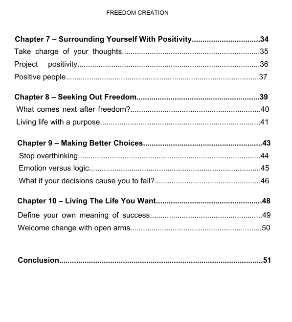 Table of contents for a book titled 'Freedom Creation' with chapter headings and page numbers.