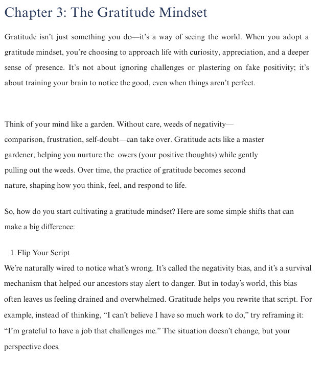 Text on a white background discussing the gratitude mindset