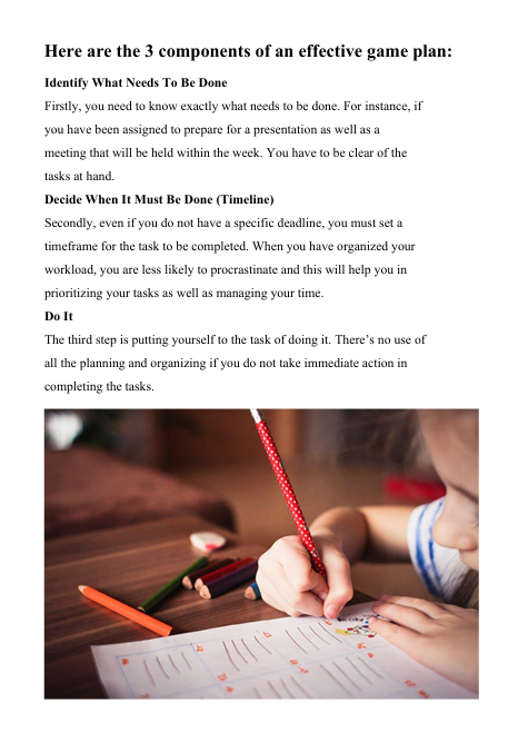 Text on an effective game plan with a child writing at a desk.
