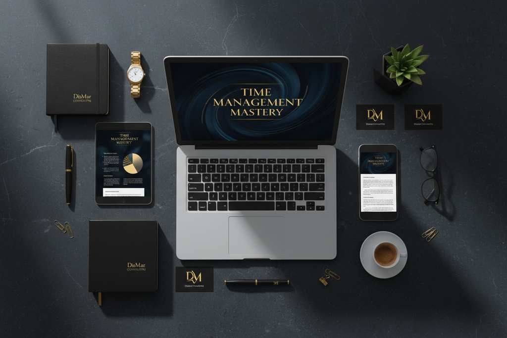 Laptop displaying 'Time Management Mastery' on a dark surface with various items around.