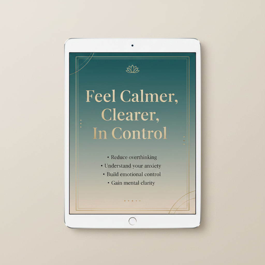 Tablet displaying a digital product with text on a beige background
