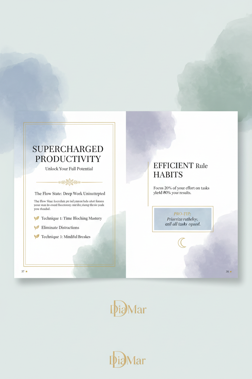 Brochure with 'Supercharged Productivity' and 'Efficient Rule Habits' on a light background