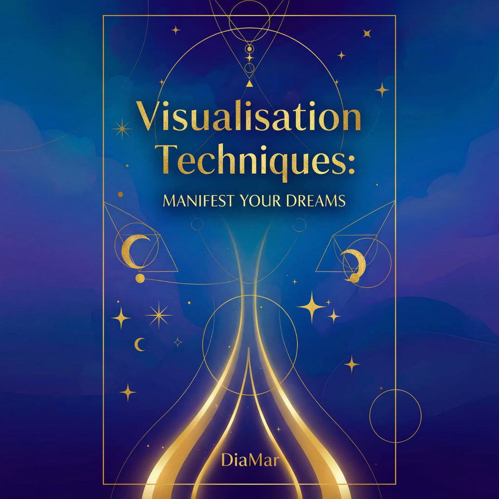 Book cover of 'Visualisation Techniques: Manifest Your Dreams' by DiaMar with gold design elements on a blue background.