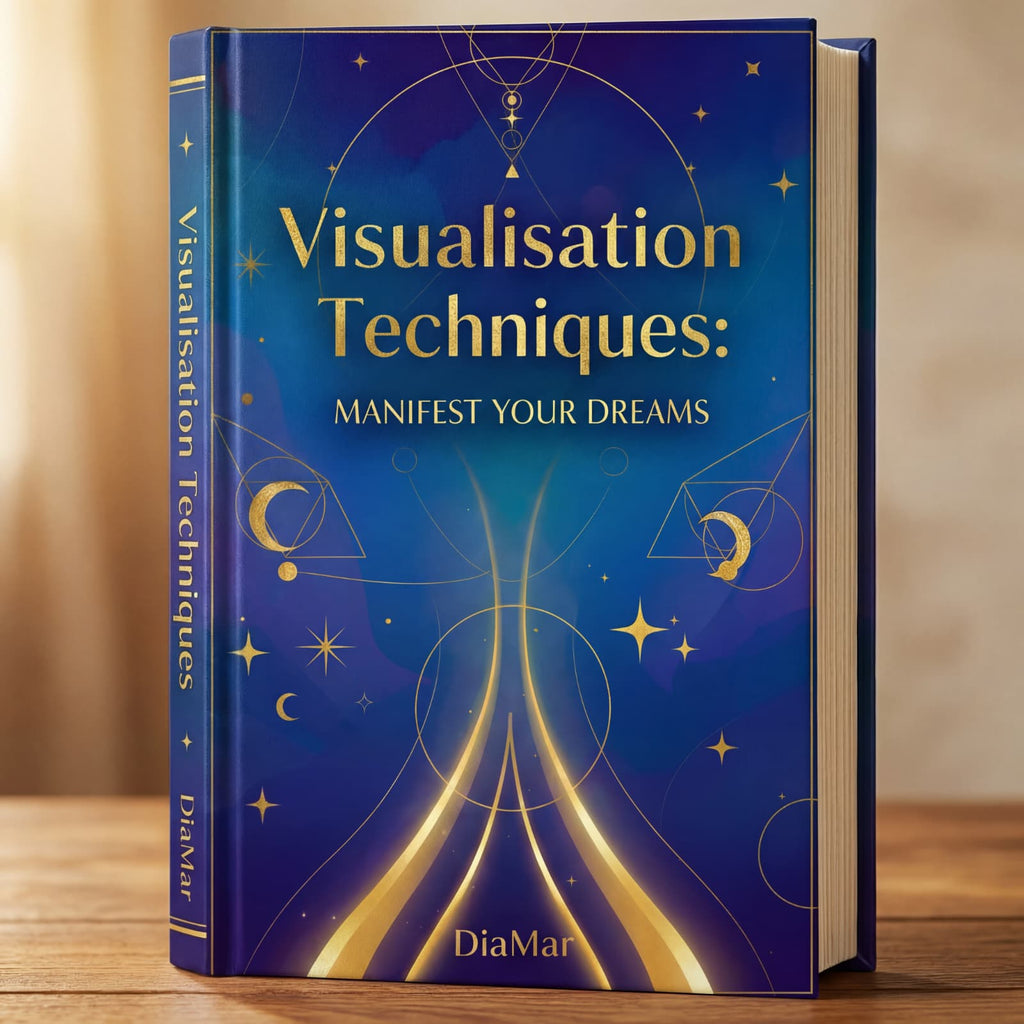 Book titled 'Visualisation Techniques: Manifest Your Dreams' by DiaMar on a wooden surface with a warm background.