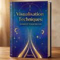 Book titled 'Visualisation Techniques: Manifest Your Dreams' by DiaMar on a wooden surface with a warm background.